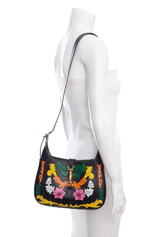 Women Gucci bags with a chain - link trim and a leather bodyGucci Black Multi Color Floral Jackie HandBag