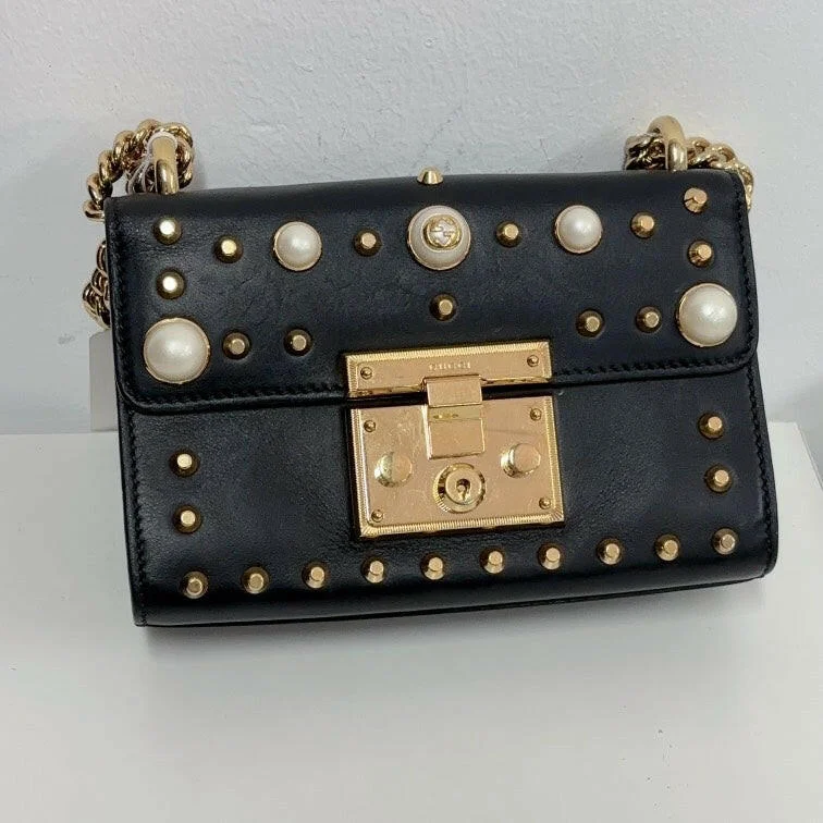 Women Gucci bags with a detachable mobile phone holderGucci Black Padlock Bag with Pearl and Stud Accents Medium Size