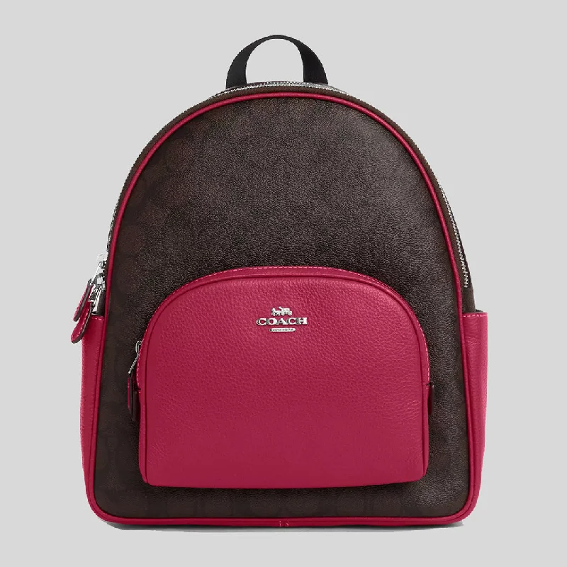 Coach bags with a chain - link trim and a leather body for a modern edgeCOACH Court Backpack In Signature Canvas Brown/Bright Violet 5671