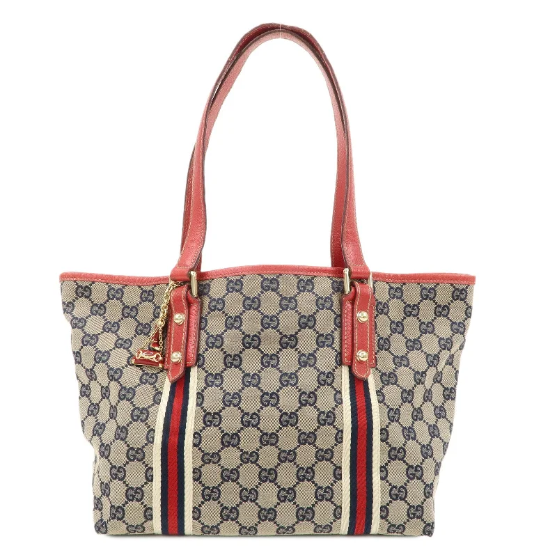 Ladies Gucci shoulder bags with a single - handle designGUCCI Sherry GG Canvas Leather Tote Bag Beige Red Navy 137396