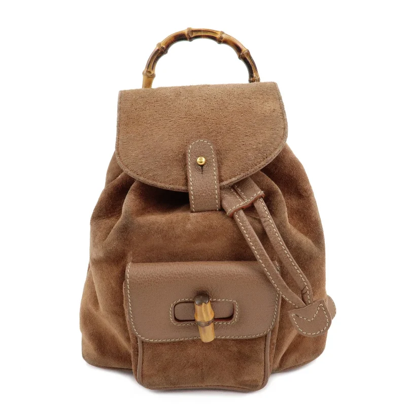 Women Gucci bags with a detachable mirror insideGUCCI Bamboo Suede Leather Back Pack Ruck Sack Brown 003.3444.0030