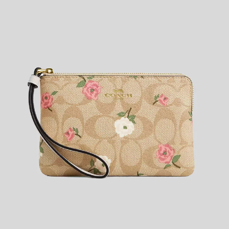 Coach Dempsey bags with a large capacity and a drawstring closureCOACH Corner Zip Wristlet In Signature Canvas With Floral Print CR973