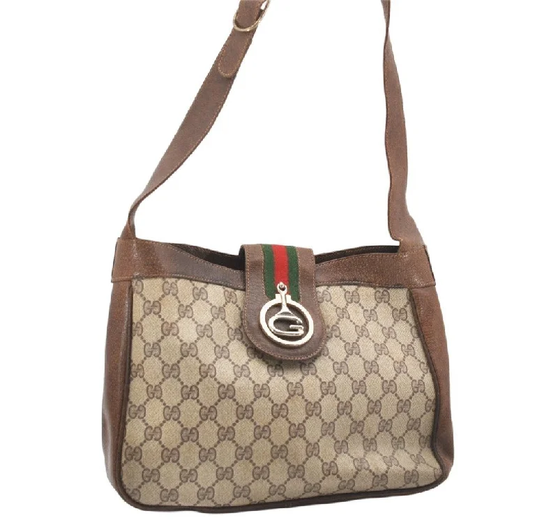 Women Gucci crossbody bags with a woven leather strapAuthentic GUCCI Web Sherry Line Shoulder Cross Bag GG PVC Leather Brown 6258K