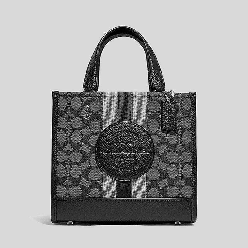 Coach crossbody bags in a vibrant, eye - catching color for a bold statementCoach Dempsey Tote 22 In Signature Jacquard With Stripe And Coach Patch Smoke Black Multi C8417