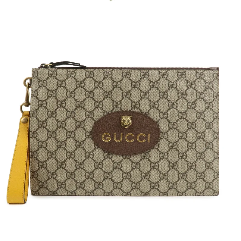 Gucci backpacks for women with a hidden back pocketGUCCI Tiger Head GG Supreme Leather Clutch Bag Beige Brown 473956