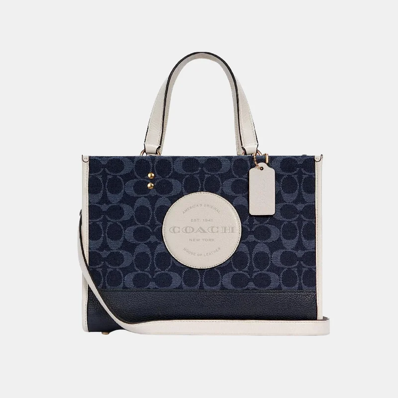 Coach handbags with a metal - framed clasp for durability and styleCoach Dempsey Tote  In Signature Denim With Coach Patch