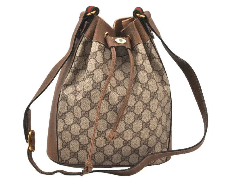 Ladies Gucci shoulder bags with a magnetic - closure flapAuthentic GUCCI Web Sherry Line Drawstring Bag GG PVC Leather Brown Junk 6041K