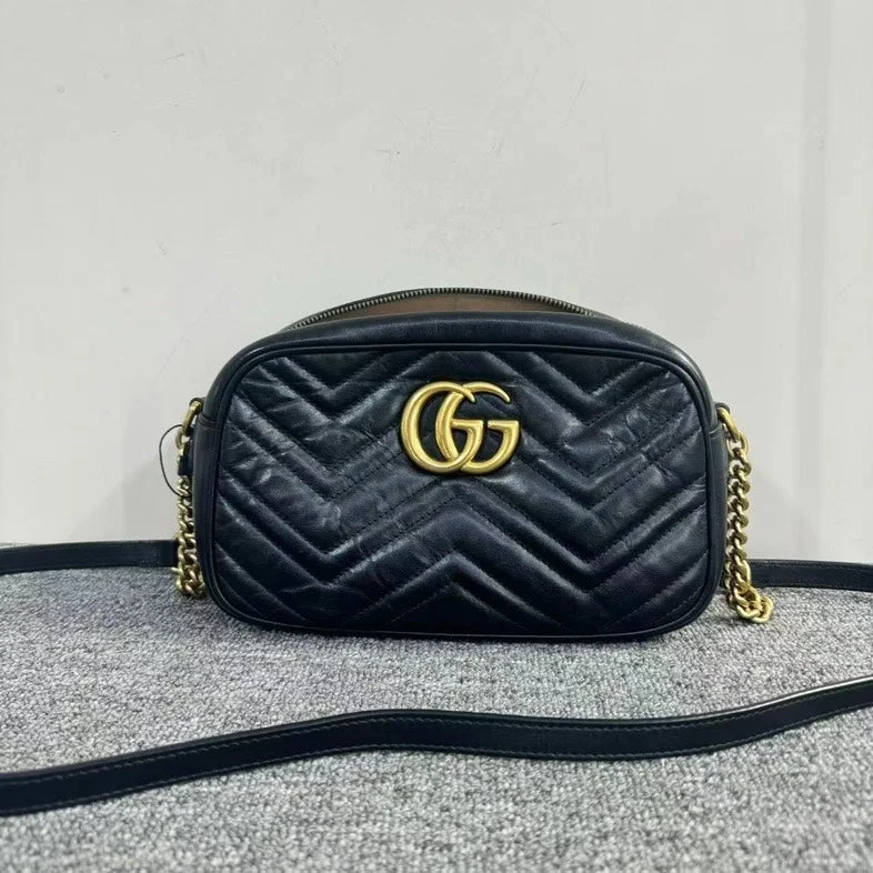 Women Gucci bags with interlocking G hardware for a classic lookGucci Black Leather GG Marmont Camera Bag Small Crossbody