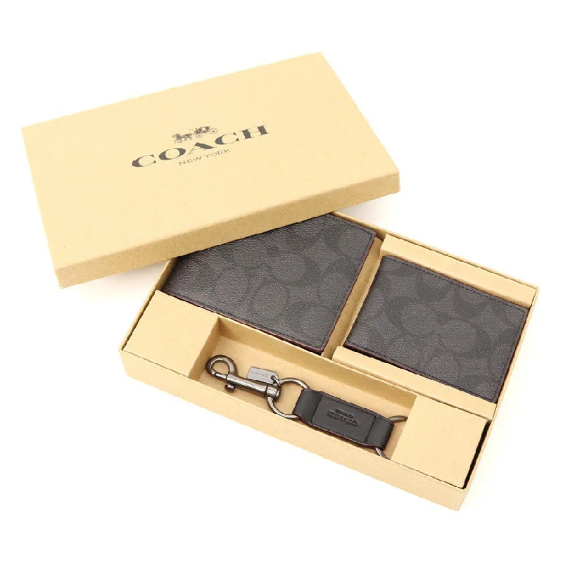 Ladies Coach handbags with a detachable wallet insert for added convenienceCoach Wallet Men's COACH Signature Compact ID Folded Wallet Key Ring Set F41346 in Gift Box