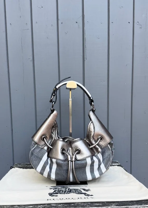 Metallic Finish Burberry Bags for a Glam LookBURBERRY Vintage Canvas Leather Warrior Drawstring Hobo Shoulder Bag