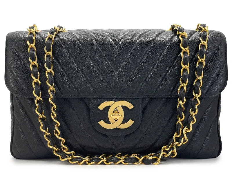 Chanel Handbag with Adjustable Strap for ComfortChanel Vintage Chevron Caviar Maxi Flap Bag 1994 Black XL Classic 24k GHW MRJ