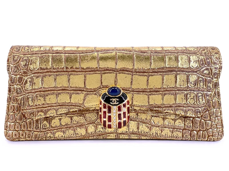 Chanel New Arrival Handbag with Gold HardwareChanel 19A Egyptian Crocodile Print Scarab Clutch Gold Paris-New York Bag TI9