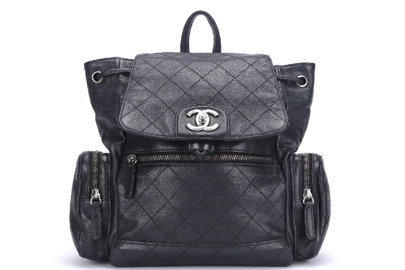 Chanel Quilted Leather Shoulder Bag for FashionistasCHANEL BLACK CALFSKIN BACKPACK (2396XXXX), SILVER HARDWARE, WITH CARD, NO HOLOGRAM & DUST COVER