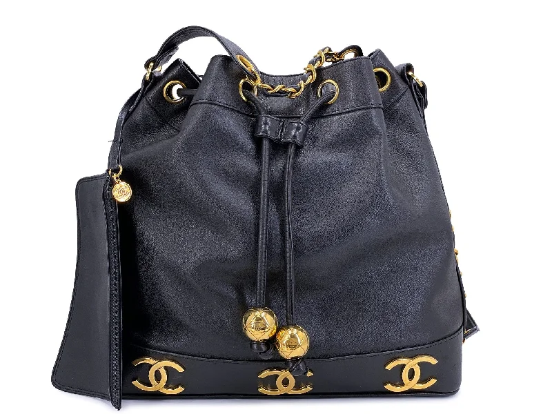 Chanel Designer Handbag with Unique DesignChanel Bucket Bag 6-CC Rectangular Black Drawstring 24k GHW Lambskin MKT