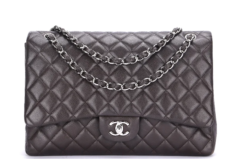 Chanel Quilted Leather Shoulder Bag for FashionistasCHANEL CLASSIC FLAP MAXI SINGLE FLAP (1401xxxx) BROWN CAVIAR LEATHER, SILVER HARDWARE, WITH CARD, DUST COVER & BOX