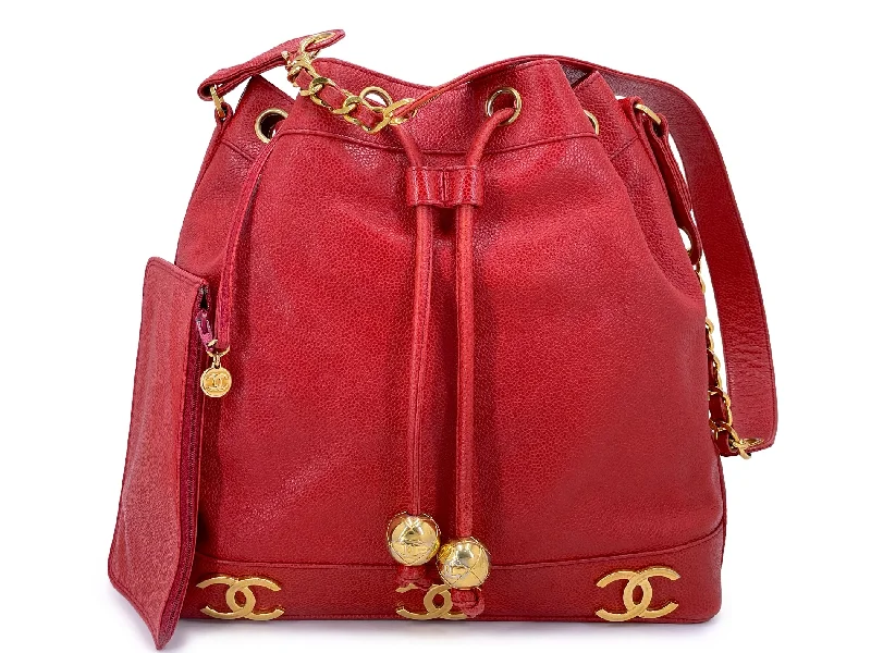 Chanel Chain Strap Handbag for Everyday UseChanel Vintage 1995 Red Caviar Drawstring Bucket Bag 6-CC 24k GHW