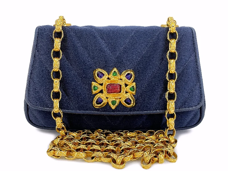 Chanel New Arrival Handbag with Gold HardwareChanel Vintage Gripoix Flap Bag Jeweled Navy Blue Chevron Satin 24k GHW XSO