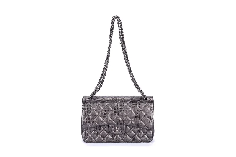 Chanel Lightweight Handbag for Daily ErrandsChanel Classic Flap (2063xxxx) Jumbo Dark Metallic Silver Perforated Lambskin with Card & Dust Cover