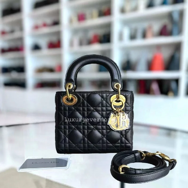 Contemporary Christian Dior handbags with a unique shape*Adjustable Strap* Lady Mini Cannage Lambskin Black Golden Hardware