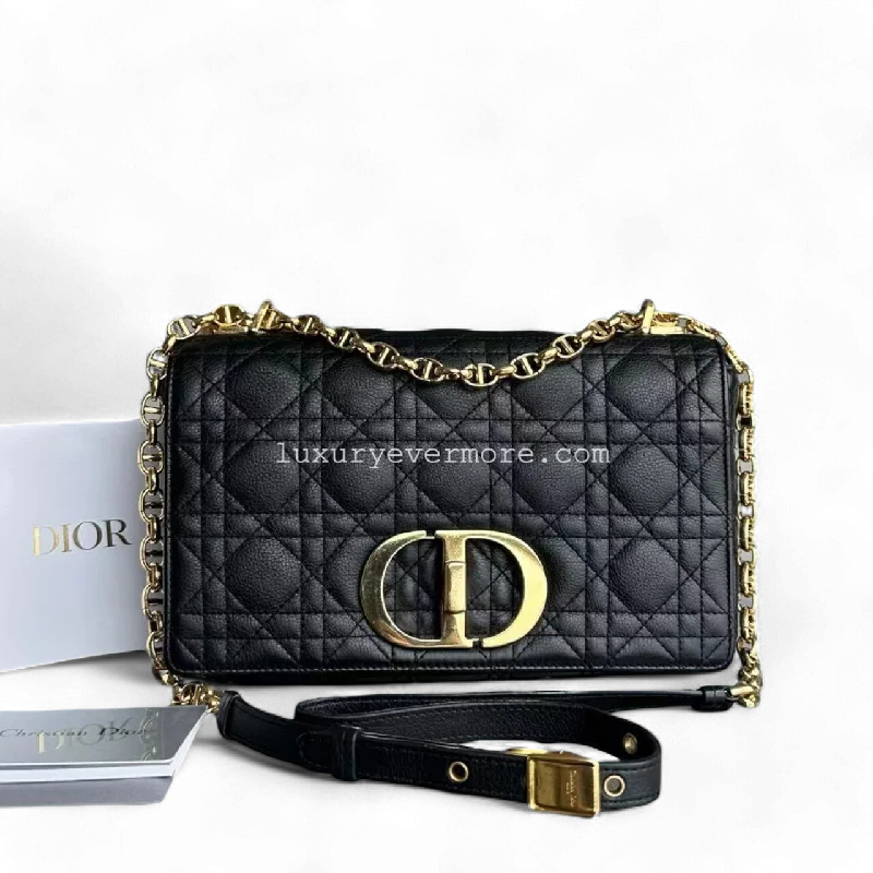 Christian Dior handbags with a detachable mirror for on - the - go touch - upsCaro Medium 25CM Cannage Calfskin Black Golden Hardware