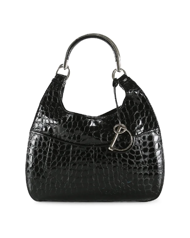 Christian Dior tote bags with a printed Dior logo on the frontCHRISTIAN DIOR Black Crocodile Embossed Patent Leather 61 Large Shoulder Bag