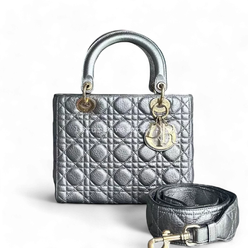 Christian Dior Saddle bags with a distressed leather finishLady Flap Medium Cannage Grained Calfskin Metallic Silver Golden Hardware