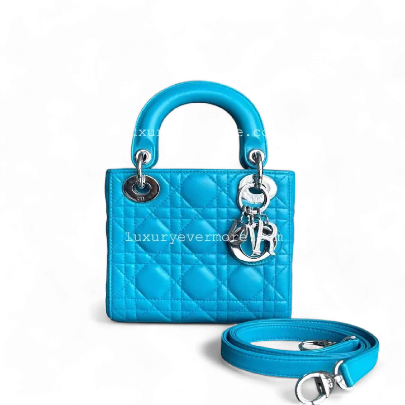 High - fashion Christian Dior bags with a geometric patternBalance of Lady Mini Cannage Lambskin Cyan Blue Silver Hardware