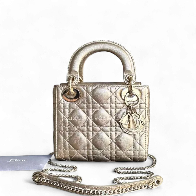 Luxury Christian Dior crossbody bags with a chain - link strapLady Mini Cannage Lambskin Gold Golden Hardware Chain Version