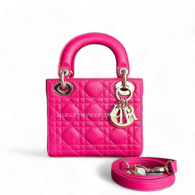 Christian Dior handbags with a detachable mirror for on - the - go touch - upsLady Mini Lambskin Cannage Hot Pink Golden Hardware