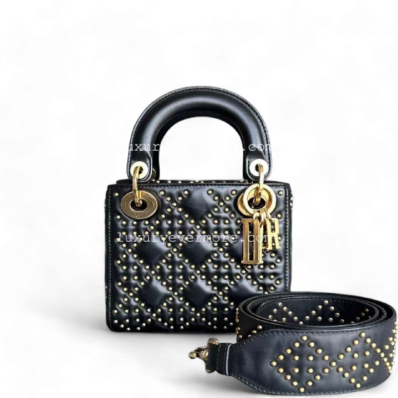 Christian Dior Saddle bags with a studded trim for a bold lookLady Mini Studded Cannage Calfskin Black Golden Hardware