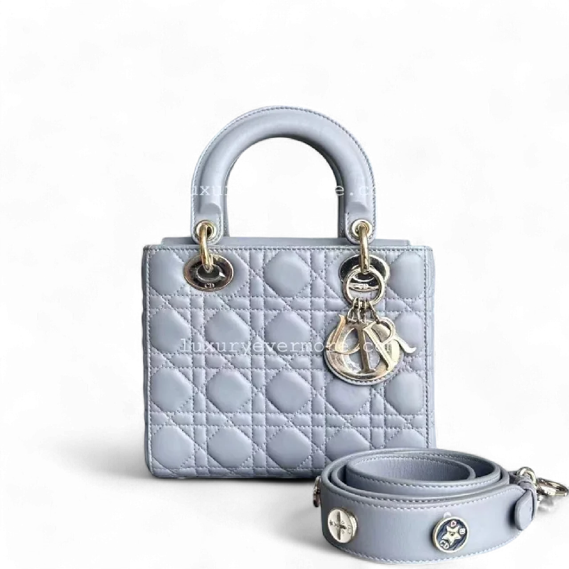 Christian Dior Saddle bags with a patent leather finish for a shiny lookDior Lady Small - Lambskin Cannage Grey Gray Golden Hardware ABC