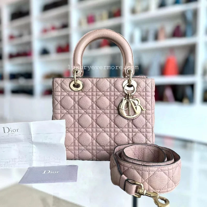 Christian Dior bags with a zip - top closure and multiple compartments*Flap, Full Set, Receipt* Lady Medium Grained Calfskin Nude Pink Blush Golden Hardware Flap Opening