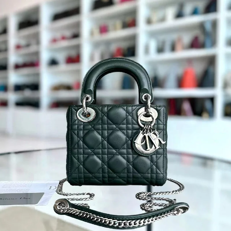 Christian Dior backpacks with a sleek, minimalist silhouette*Full set, Receipt* Lady Mini Lambskin Dark Green Silver Hardware Chain Strap