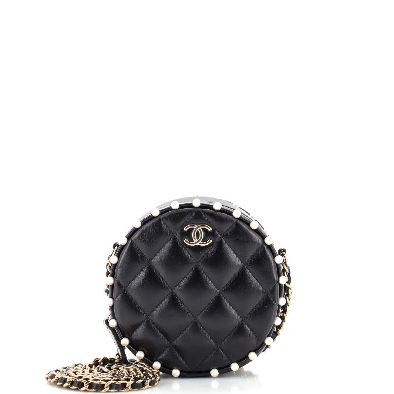 Round Clutch with Chain Quilted Calfskin with Pearl Detail