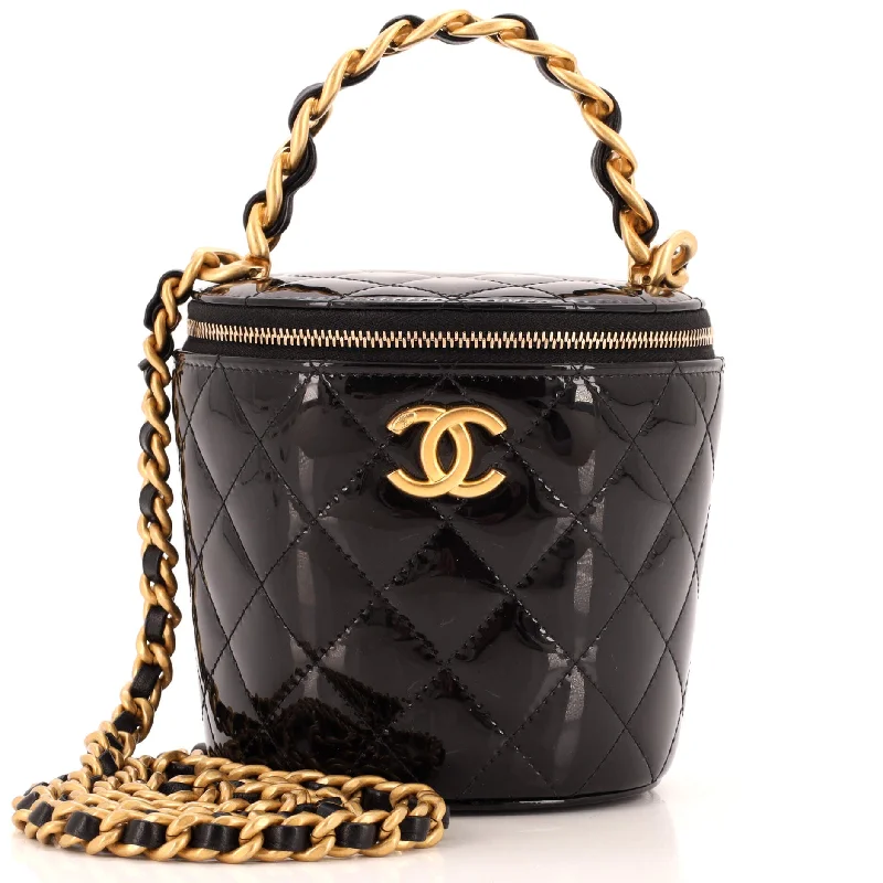 Woven Chain Top Handle Vanity Bucket Bag Quilted Patent