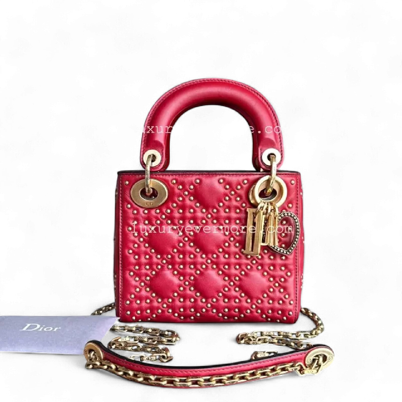 Christian Dior handbags with a snap - button closure and a decorative buckleDior Lady Mini - Valentine Studded Red Golden Hardware