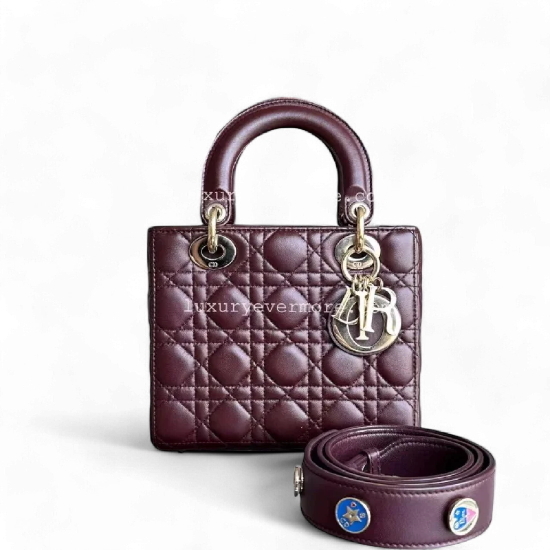 Contemporary Christian Dior handbags with a unique shapeLady Small Cannage Lambskin ABC MYABC Burgundy Golden Hardware