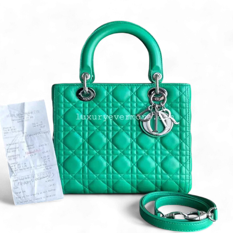 Christian Dior tote bags with a double - handle and shoulder - strap option*Receipt* Lady Small Cannage Lambskin Green Silver Hardware